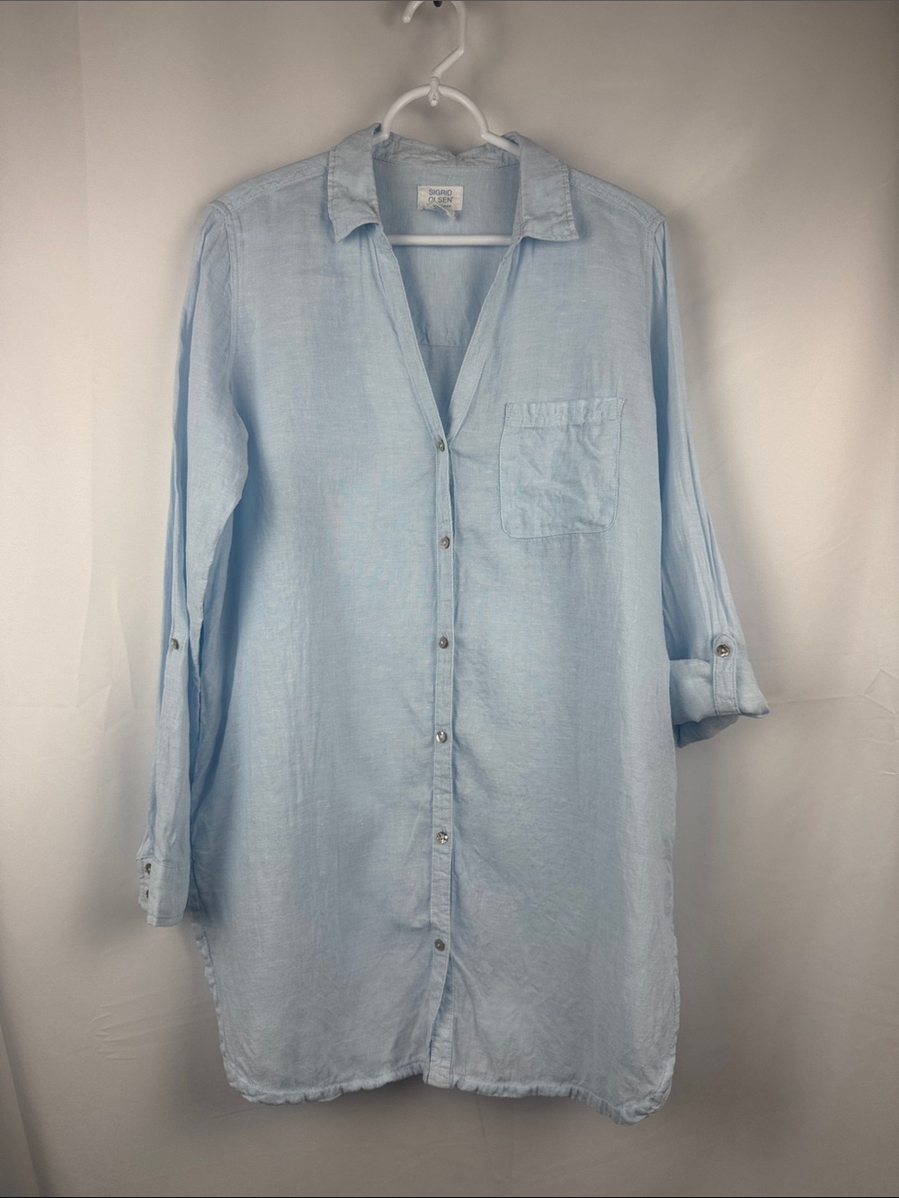 Sigrid Olsen Linen Notch Collar Button Front Tunic Shirt Light Blue Size M Beach